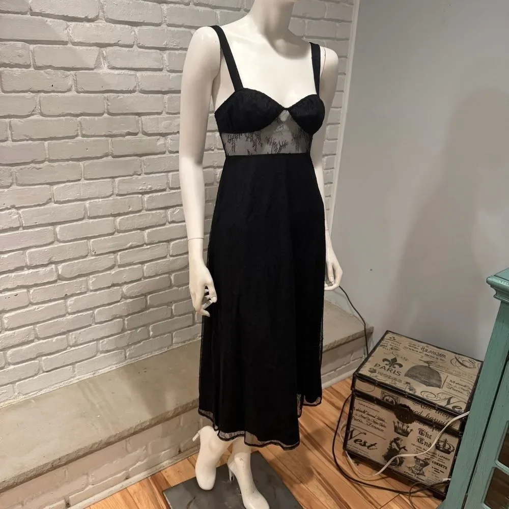 DANIELLE BERNSTEIN Black Lace Slip Dress Maxi Sheer Bust Lingerie Style Vintage